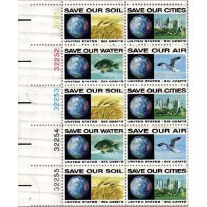 1970 ANTI POLLUTION ~ AIR, WATER, SOIL, CITIES #1413a Plate Block of 