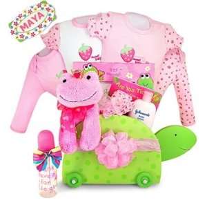   Pink Personalized Baby Girl Turtle Toy Chest Gift 12 Pc Basket Baby