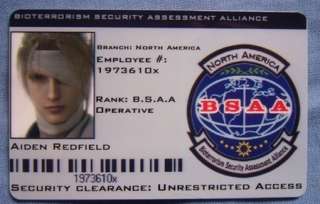 BSAA ID Card Aiden Redfield Resident Evil ID Card RE5  