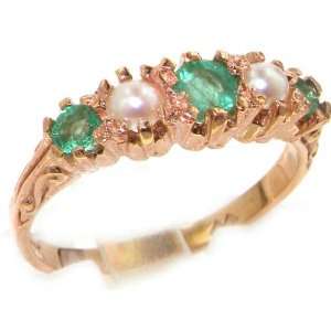Luxury 14K Rose Gold Womens Vintage Style Emerald & Pearl Anniversary 