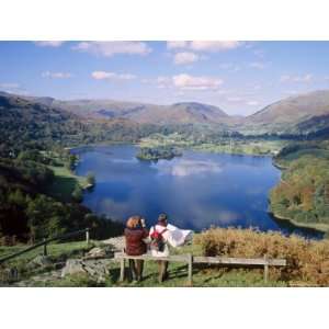 Couple Resting on Bench, Viewing the Lake at Grasmere, Lake District 
