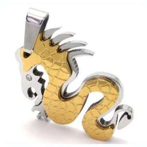 Mens 316L Stainless Steel Oriental Dragon Pendant Necklace   Gold 