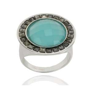   Silver Marcasite and Faceted Apatite Colored Glass Round Ring, Size 5