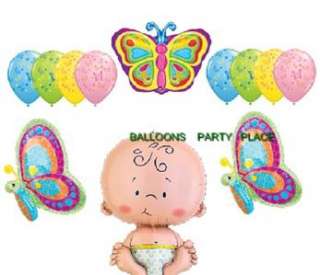 WELCOME BABY GIRL BUTTERFLY balloons PINK GREEN YELLOW shower 