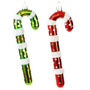  Red and Green Glass Candy Cane Ornaments   Set of 2