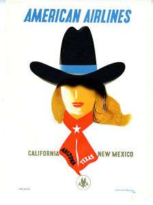 48 American Airlines Small Travel Poster Texas Cowgirl  