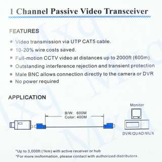 Coax CAT5 Camera CCTV BNC Video Balun Transceiver Cable  