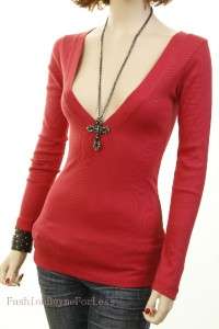 Outlaw Long Sleeve Cotton Stretch deep V Neck Knit Top Fitted Tee 