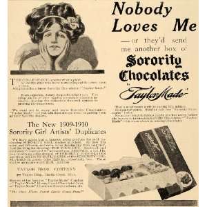  1909 Ad Taylor Brothers Weeping Woman Sorority Chocolates 