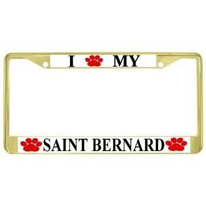  I Love My Saint Bernard Paw Prints Dog Gold Metal License 