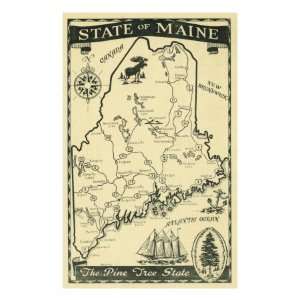 Maine, Highway Map of the Pine Tree State Scene Premium Poster Print 
