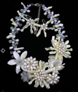 Mother of Pearl Shell FW Pearl Crystal Flower Necklace/Earrings Set 18 