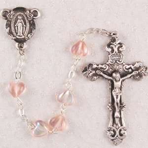  Pewter 7x8mm Bead Pink Aurora Heart Rose Rosary, Boxed 