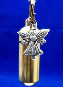   Memorial Cremation Keychain Urn Gold Finish w/ 2 Sided Angel Charm