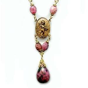  Brass Rhodonite Necklace Pink Gemstones with Cherub 
