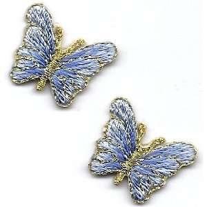 BUY 1 GET 1 OF SAME FREE/Butterflies 2 Blue w/Gold Iron On Embroidered 