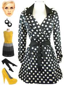 50s 60s Style PINUP MOD ThatGirl BLACK & White POLKA DOT Trench Coat w 