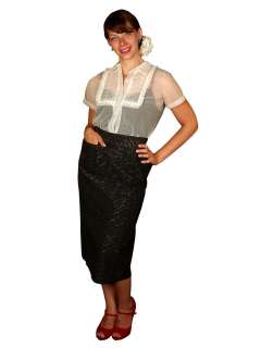 Vintage Pencil Skirt Black Metallic Taffeta 1950S Small  