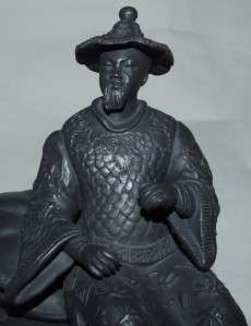 PAIR OF MOTTAHEDEH BLACK BASALT FIGURES OF MANDARIN CHINESE EMPEROR 