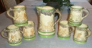   Pitcher & 6 Mugs Domestic Figures, Tree with face, Bark Handle  