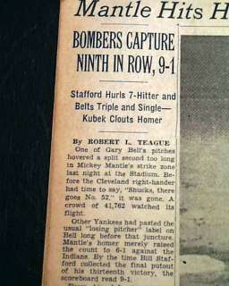 1961 ROGERS MARIS Mickey Mantle Home Run War Newspaper  