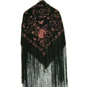 Silk Embroidery Piano Shawl Black with Red Brown Flamenco Floral 