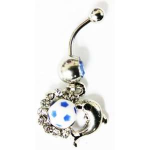  Body Jewelry   Blue Soccer Ball with Silver Dolphin Belly 