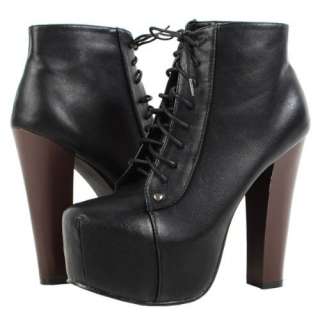 NEW Women Black Thick Chunky Platform High Wood Heel Lace Up Winter 