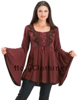 Renaissance Embroidered Lace Up Bell Sleeve Tunic Top  