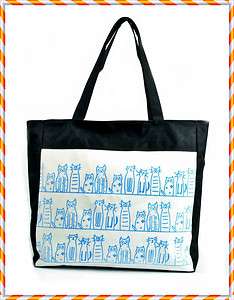 Blue Kitties Tote Bag Inside Pocket Shopper Shoulder Beach Canvas 