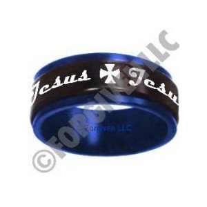  Blue & Black Spinner Ring with Jesus & Cross in Stainless 