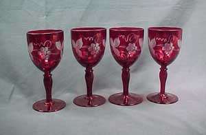 Vintage Etched Grape Bohemian Glass Wine Glasses  
