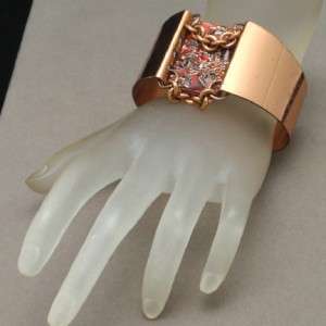 Textura Cuff Bracelet Enamel Copper w/ Dangling Chains Vintage 