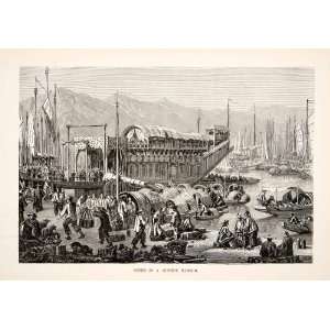 1881 Wood Engraving China Chinese Harbor Cultural Scene Boats Marine 