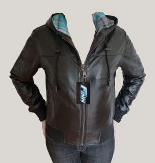 Ladies Womans Black Leather Hooded Hoodie Bomber Jacket  