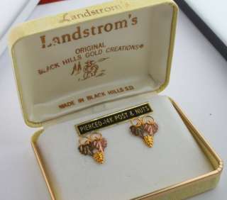   Tri Tone 10K Rose Green & Yellow Black Hills Gold Grape Leaf Earrings