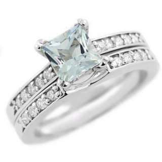 PRINCESS BLUE AQUAMARINE DIAMOND MATCHING ENGAGEMENT & WEDDING RING 