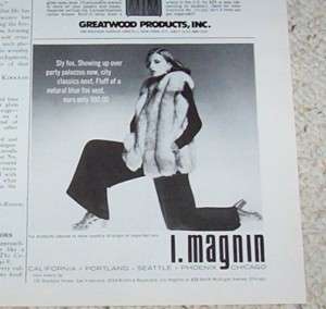 1972 ad I Magnin blue fox FUR coat vest Pretty girl AD  