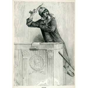  1877 Wood Engraving Jean Paul Marat Flintlock Pistol 