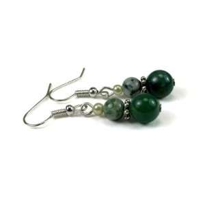   Dangle Earrings with Moss Agate, Tree Agate, and White Pear Jewelry