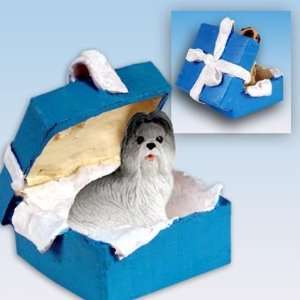    Shih Tzu Blue Gift Box Dog Ornament   Gray & White
