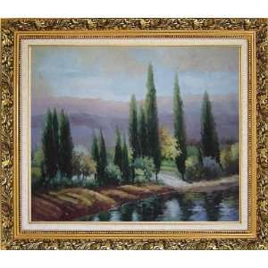 Tall Green Trees on River Bank Oil Painting, with Ornate Antique Dark 