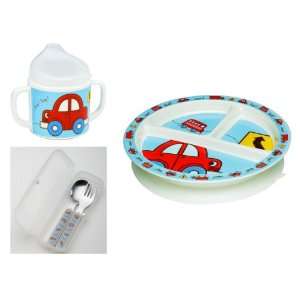 Sugarbooger Divided Plate, Sippy Cup, and Silverware Set Vroom Cars