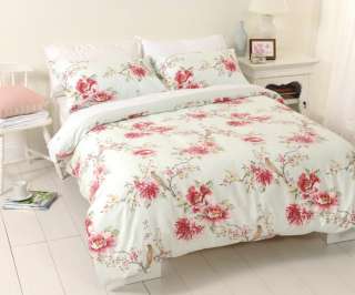 Country Cottage PEONY Floral/Birds QUEEN Quilt/Doona Cover Set 225TC 
