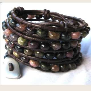 Brown Leather Tourmaline Roundel Gemstone Beads Wrap Bracelet  