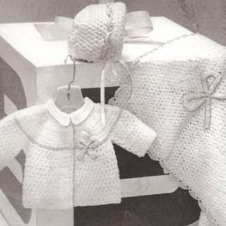 Vntg Baby Sweater Bonnet Blanket Crochet Pattern Set  
