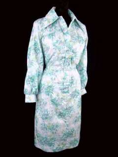 VTG 60s Silky Blue Floral Long Sleeve Button Front Shirt Dress w Belt 
