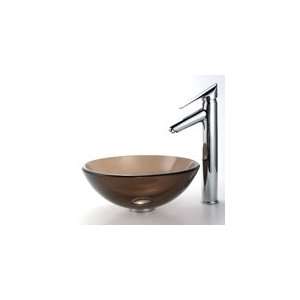   Clear Brown 14 inch Glass Vessel Sink and Decus Bathroom Faucet Chrome