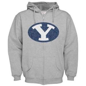 BYU Cougars Grey Distressed Mascot Full Zip Hooded 