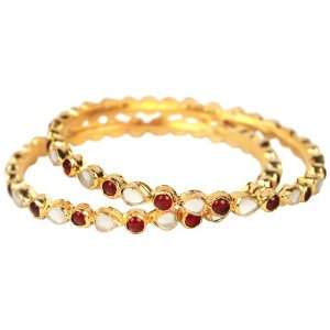  A Pair of Kundan Bracelets with Garnet Red Beads   Copper 